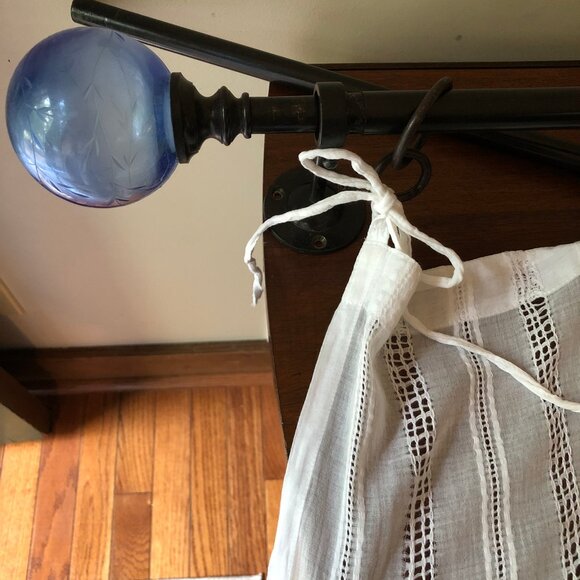 2 Sets - Pottery Barn White Cotton Curtains, Rod Iron Rods, Rings & Blue Glass F - Picture 2 of 8